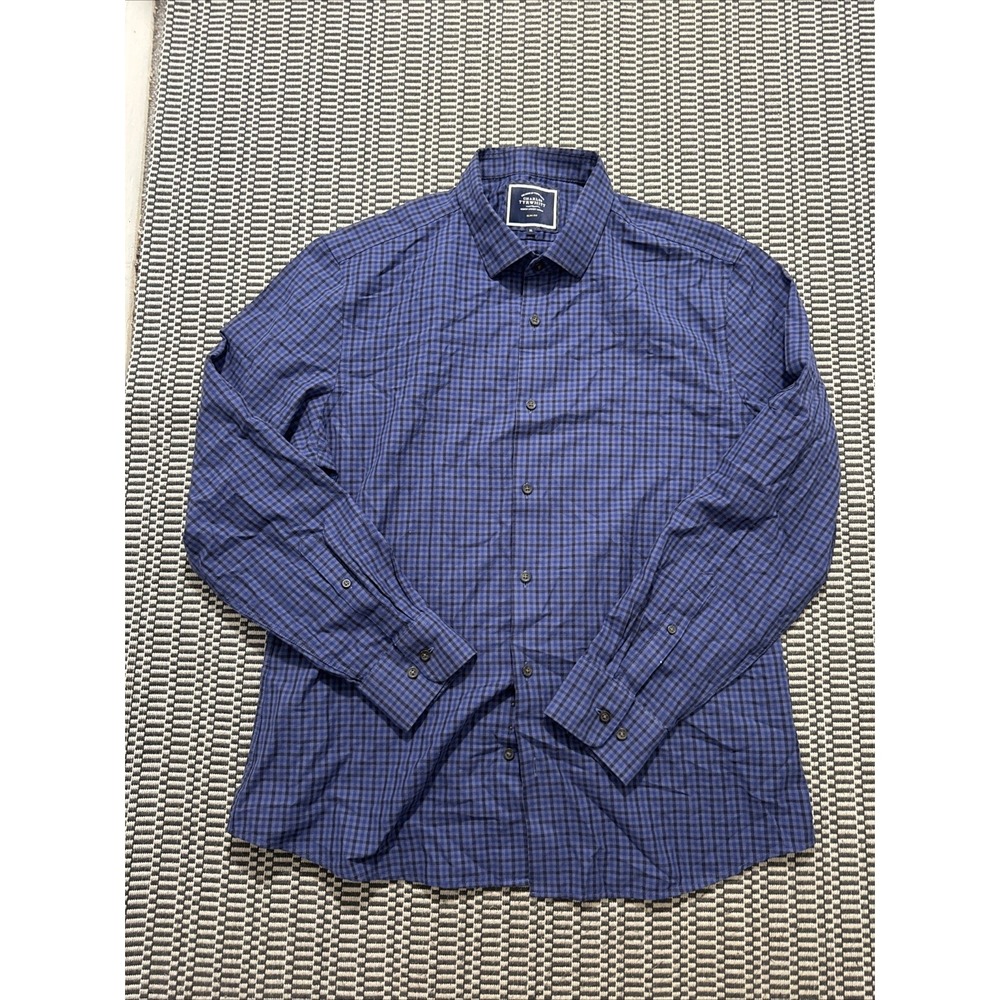 Charles Tyrwhitt slim fit gingham blue check dress shirt men XL all cotton